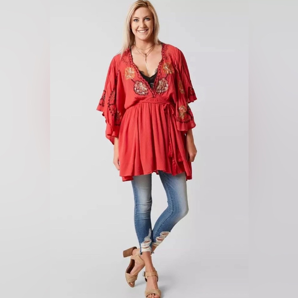 Free People Sz Large Orange Red Cora Embroidered Tie Waist Boho Mini Dress $148